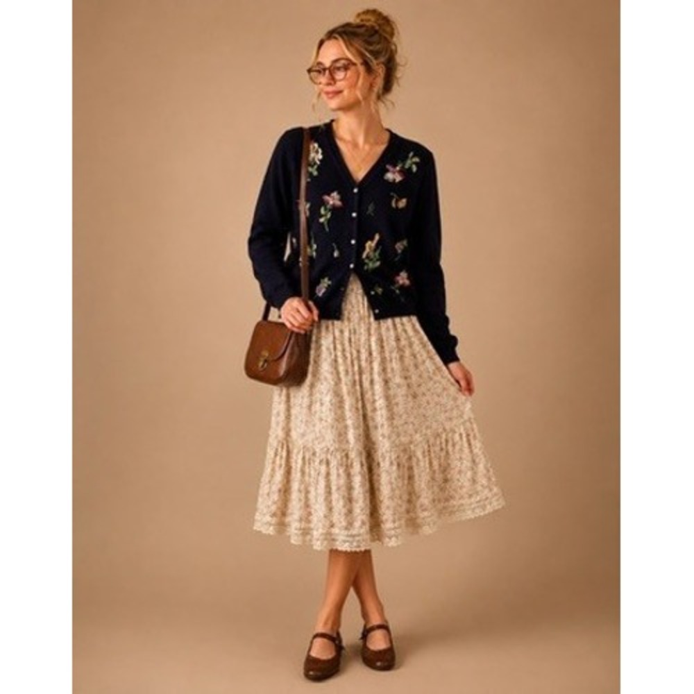 Vintage Arriviste Black Floral Beaded Cardigan Sweater Cotton Blend Size Medium